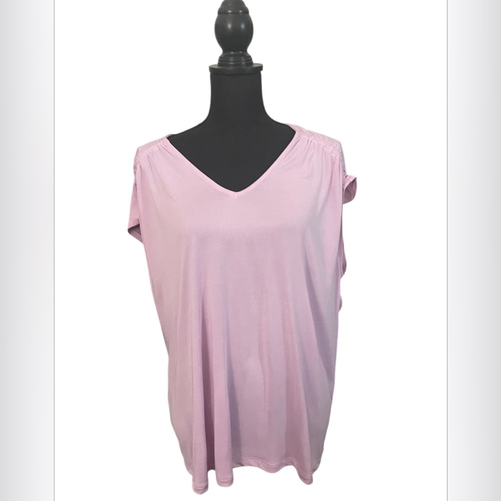 Nine West Women's Sz Large Short Loose Sleeve Shirt Pink Knit Gathered Shoulders